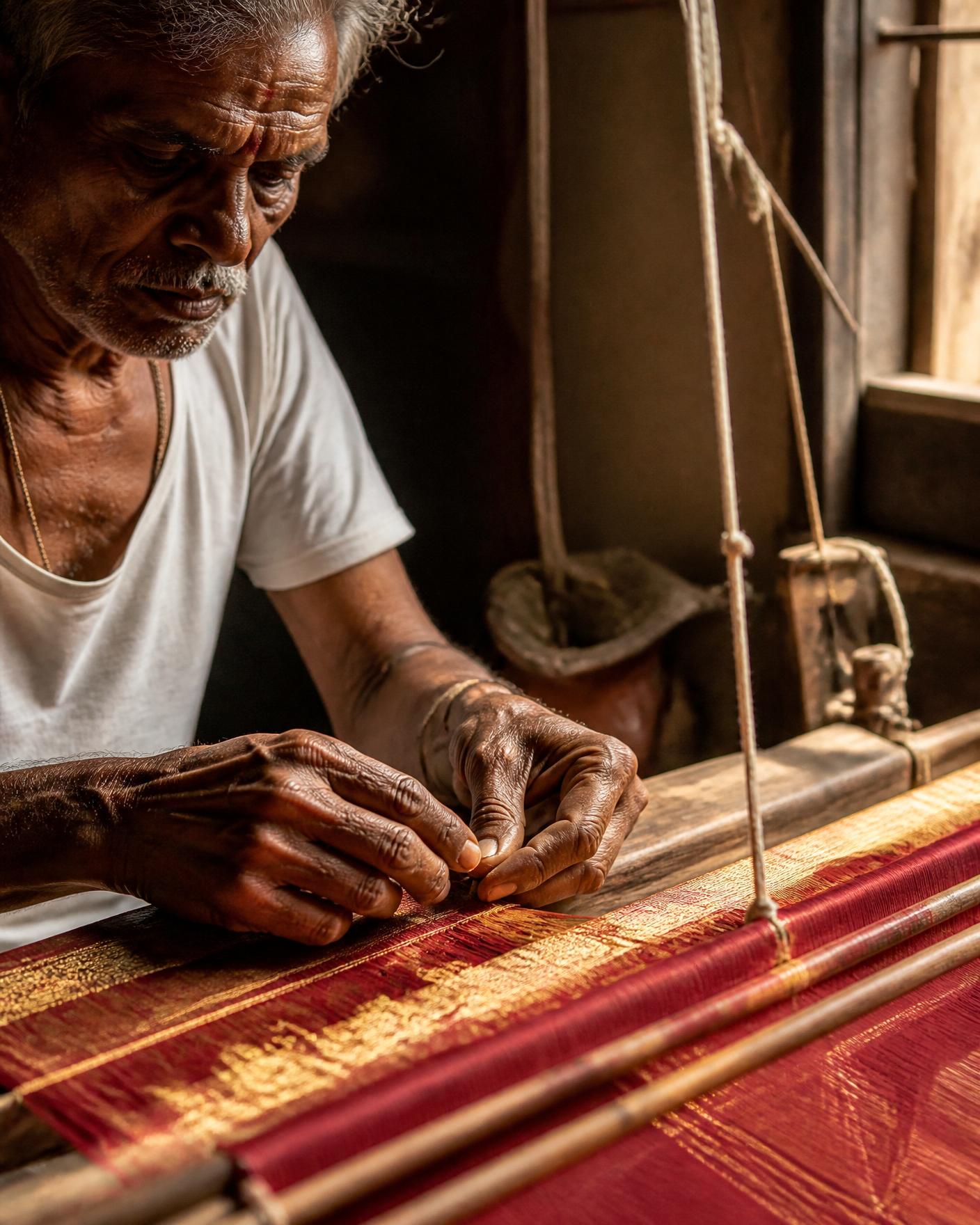 A South Indian weaver at a traditional handloom, weaving cotton yarn into a saree