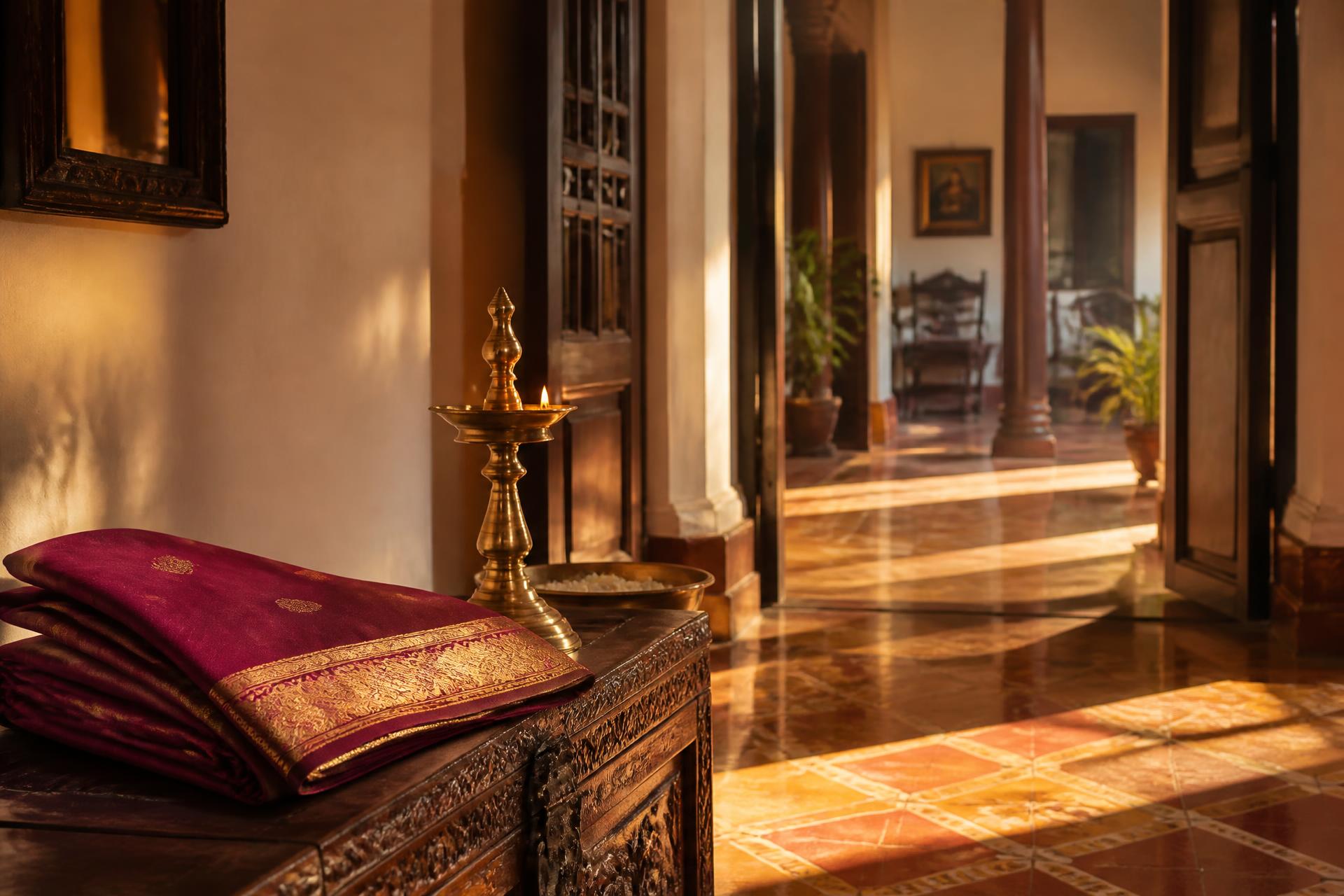 A folded handwoven cotton saree rests on a carved wooden chest beside a brass lamp at sunrise